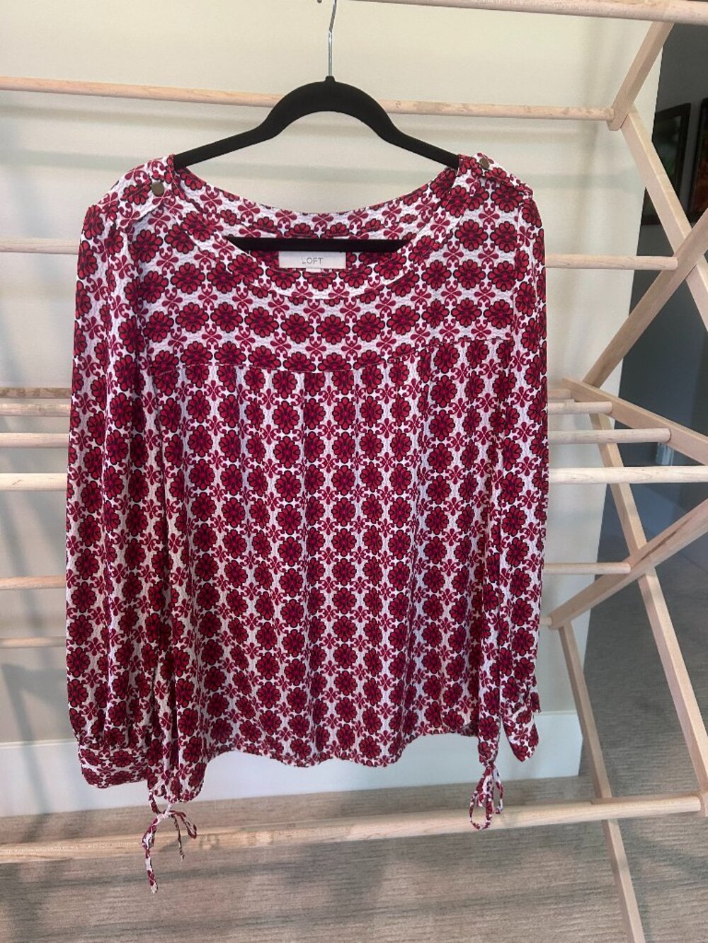 LOFT Red & Cream Floral Medallion Boho Blouse Side Tie Hem XL